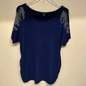 Espresso Royal Blue Cold-shoulder Blouse with silver accents. Gathers at side